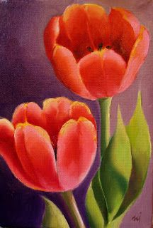 two red tulips on a purple background