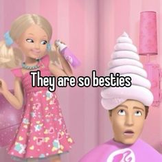 there is a barbie doll with a hair dryer on top of her head and the caption says, they are so besties