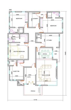 the floor plan for a three bedroom house with an attached kitchen and living room area