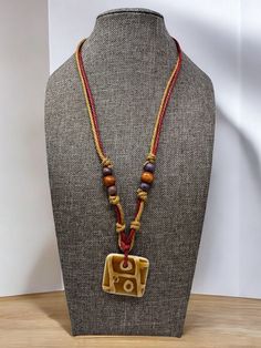 Handmade Boho Chic Fall Layered Necklace Ceramic Pendant & Wooden Beads Adjustable 20-27 Inches - Etsy Casual Boho Outfits, Boho Chic Fall, Cozy Sweaters Autumn, Necklace Ceramic, Different Necklines, Caramel Glaze, Boho Chic Necklace, Fall Layers, Deep Red Color