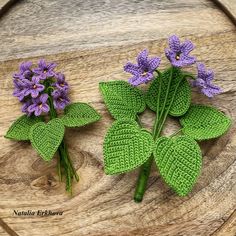 purple flowers and green leaves on a wooden surface