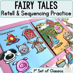 three farm themed bookmarks with the title, fairy tales retail & sequencer practice