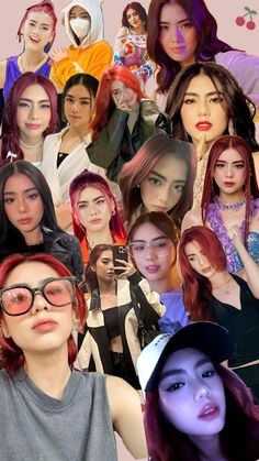 the collage shows many different women with red hair and glasses on their faces, including one