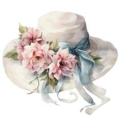 a watercolor painting of a white hat with pink flowers on the brim and blue ribbon