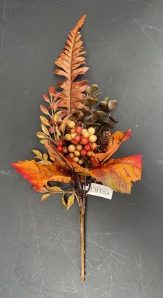 an arrangement of leaves, berries and acorns is displayed on a gray surface