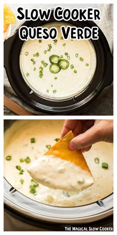 the process to make slow cooker quesadilla soup is shown in two pictures