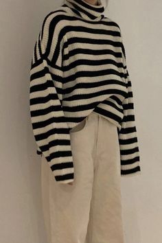 Vintage Striped Loose Turtleneck Knitted Sweater – Tomscloth Loose Turtleneck Sweater, Mode Ulzzang, Plaid Jacket Women, Checkered Jacket, Striped Turtleneck, Look Vintage, 가을 패션, Casual Sweaters, Casual Style Outfits