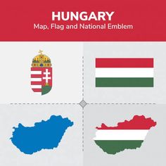 the flag and coat of arms of different countries in four separate squares with text that reads hungarian, map flag and national emblem