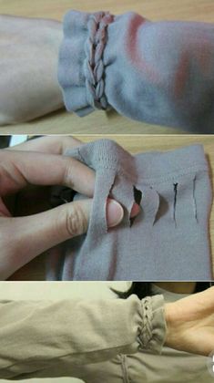 two pictures showing how to sew a pair of leggings with one hand and the other