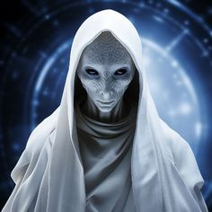 an alien in a white robe with blue eyes