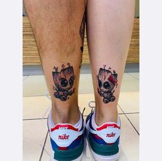 two people with tattoos on their legs, one is wearing sneakers and the other has an image of baby groote