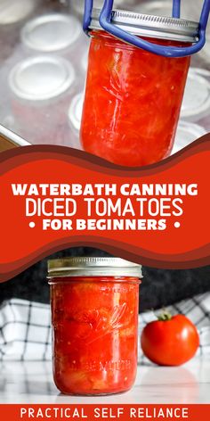 A Ball canning mason jar filled with diced and crushed tomatoes being pulled out of a water bath canner for long-term food preservation. Diced Tomatoes Canning, Tomato Recipes For Canning, Canning Tomatoes Water Bath, Canning Fruit Recipes, Recipes With Diced Tomatoes, Preserve Tomatoes, Recipes For Canning, Preserving Fruit, Canning Tomatoes Recipes