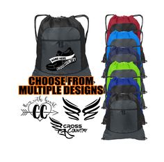 multiple color drawsacks with the words choose from multiple designs