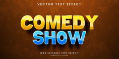 the words comedy show are placed in front of a brown background with yellow and blue letters