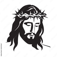 the face of jesus with crown of thorns on his head, in black and white