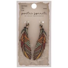 Give your handmade jewelry a touch of American heritage with these Wood Feather Pendants! These wood pendants are shaped like feathers with colorful earth-tones. Black lines and colorful dots give these feathers a touch of Native American style. Take their jump rings and add them to a necklace, or use them to create beautiful earrings! Details: 	 Length: 2" 	 Width: 5/8" 	 Metal Color: Silver Card contains 2 pendants. Southwestern Hand Tooled Earrings For Gift, Southwestern Fringe Dangle Jewelry, Birch Bark Earrings Native American, Bohemian Feather Jewelry Gift, Native American Feather Earrings, Wood Pendants, Wood Feather, Shrinky Dink Earrings, Silver Card