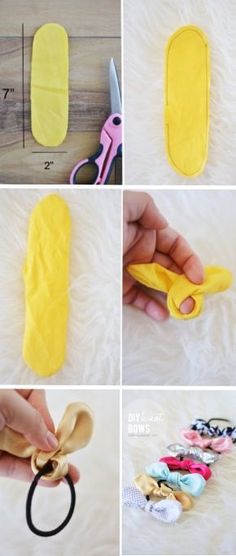 the steps to make an easy diy hair accessory with fabric and scissors for kids