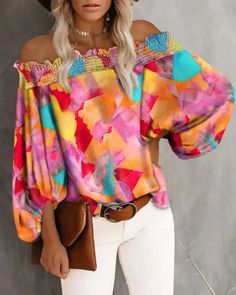 Lasaky - Tie Dye Ruffle Off Shoulder Lantern Sleeve Blouse Tie Dye Blouse, Lantern Sleeve Top, Lantern Sleeved Blouses, Women Tie, Off Shoulder Fashion, Blouse Material, Chiffon Long Sleeve, Tie And Dye, Casual Chic Style