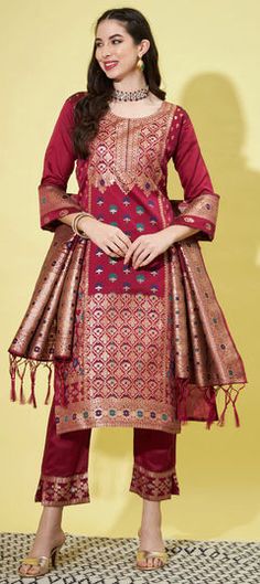 Red and Maroon color Salwar Kameez in Silk cotton fabric with Weaving work Maroon Dupatta, Silk Dupatta, Maroon Color, Wearing Red, Pants Straight, Salwar Kameez, Cotton Silk, Party Wear, Cotton Fabric