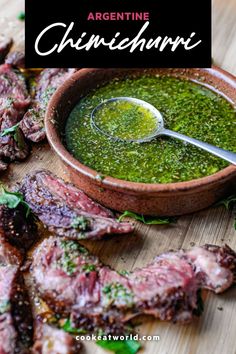 grilled steak with pesto sauce in a bowl