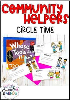 the community helpers circle time activity is shown with pictures and text on top of it