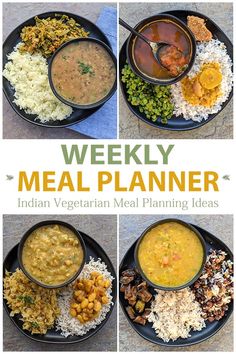 the weekly meal planner is filled with different foods and vegetables, including rice, beans, peas