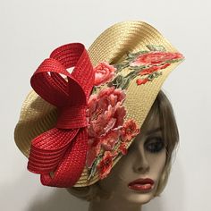 Camel Derby Fascinator, Horse Race Hat, Kentucky Derby Hat, Preakness Fascinator, Races Fascinator, Rose Church Hat, Tea Party Hat This elegant Fascinator is perfect to wear to a Garden Party, Wedding Guest, Showers, Beach Wedding, Graduation, Church or Races. This is a Camel Fascinator featuring a Blended Red and Tangerine embroidered Rose piece with a coordinating 1" satin covered headband. Hats and accessories are not returnable. Please review our shop policies section if you have any questions, thank you. This hat for women ships free First Class Mail within one day. All hats are ready to ship in a perfectly sized box for the hat. Not folded.  When not wearing your hat you can display it on a dresser, bed corner, or anywhere to enjoy it. Each piece is uniquely made one at a time with m Handmade Fitted Hats For Formal Occasions, Handmade Fitted Formal Hats, Formal Fitted Handmade Hats, Handmade Red Party Hat, Red Hats For Spring Garden Party, Fitted Hats With Pinched Crown For Summer, Spring Hat With Handmade Flowers And Curved Brim, Fitted Red Top Hat For Spring, Fitted Summer Hats With Pinched Crown