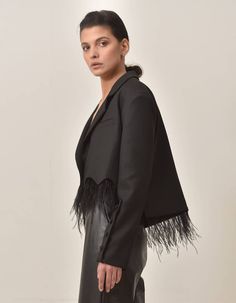 Cropped Blazer with Feather Fringes– NOT JUST A LABEL Cropped Blazer For Fall Party, Cropped Evening Blazer For Fall, Fitted Party Blazer With Feathers, Chic Formal Blazer With Feathers, Feathered Long Sleeve Blazer For Fall, Chic Cropped Party Blazer, Chic Fitted Blazer With Feather Trim, Chic Fringe Blazer For Fall, Chic Feathered Blazer For Parties