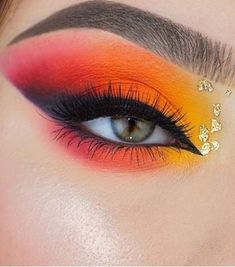 Orange Red Eye Makeup, Orange Red Makeup Eye Shadows, Orange Full Glam Makeup, Orange Looks Makeup, Red Orange Yellow Eyeshadow, Red And Yellow Makeup Looks, Yellow And Red Makeup Looks, Red Orange Yellow Makeup Looks, Fire Eyeshadow Looks