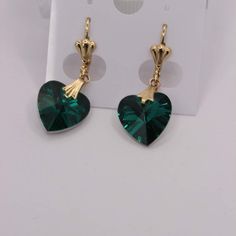 Gold-Plated Earrings Heart Green Color Elegant Green Earrings With Heart Charm, Formal Green Heart-shaped Earrings, Elegant Green Heart Cut Earrings, Green Heart-shaped Earrings For Anniversary, Earrings Heart, Green Heart, Earrings Green, Green Earrings, Nature Jewelry