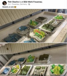 two pictures of trays filled with green and yellow items on top of a counter