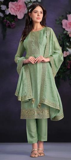 Green color Salwar Kameez in Organza Silk fabric with Embroidered, Sequence, Thread, Zari work Green Art Silk Churidar With Chikankari Embroidery, Green Churidar With Chikankari Embroidery In Art Silk, Green Chikankari Embroidered Art Silk Churidar, Green Chikankari Embroidery Churidar In Art Silk, Pista Green Lawn Suit With Zari Work For Eid, Pista Green Dola Silk Churidar With Traditional Drape, Traditional Drape Pista Green Dola Silk Churidar, Traditional Drape Churidar In Pista Green Dola Silk, Pista Green Straight Kurta Churidar In Dola Silk