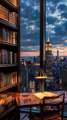 a desk with a lamp on top of it in front of a book shelf filled with books