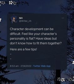 an image of a twitter post with the caption'character development can be difficult feel like your character's personality is flat? but don't know how to fit it