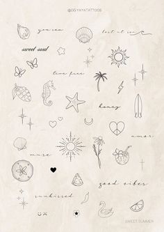 an old sheet of paper with various tattoos on it and some words written in black ink