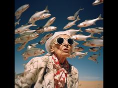 an old woman wearing sunglasses and standing in front of a flock of fish on the beach