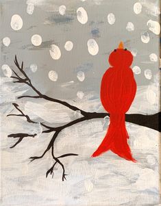 a painting of a red bird perched on a tree branch in the snow with falling snowballs