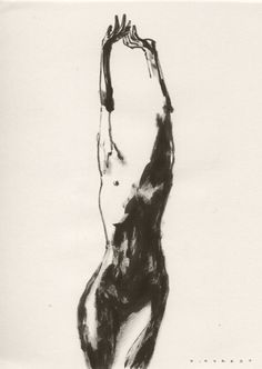 a black and white drawing of a woman's body with her hands in the air