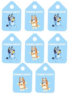 six tags with cartoon characters on them that say thank, thanks, and have the same character