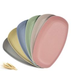 six plates stacked on top of each other in different colors and sizes, with one empty plate