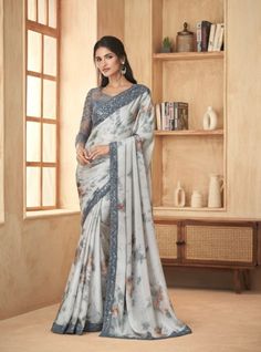 White Satin Saree, Resham Embroidery, Grey Saree, Latest Indian Saree, Indian Sarees Online, Gray Silk, Designer Saree