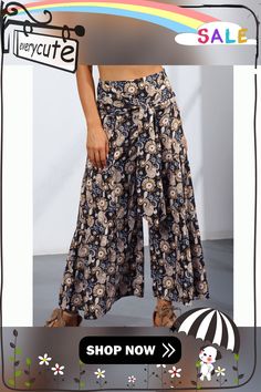 Black Digital Print Cropped Wide Leg Boho Pants with Tie Black Bohemian Pants For Vacation, Bohemian Black Pants For Vacation, Bohemian Black High Waist Bottoms, Black Wide Leg Pants For The Beach, Bohemian High Waist Black Bottoms, Bohemian Black Pants, Black Floral Print Pants For Vacation, Bohemian Wide Leg Ankle-length Pants, Black Bohemian Wide Leg Pants