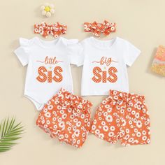 Please note that each outfit is sold separately. Little Sis Set Includes: Onesie, Shorts, & BowBig Sis Set Includes: T-shirt, Shorts, & Bow Material: Cotton Blend Gender: Girls Pattern: Letters, Floral Sleeve Length: Short Summary: Baby Toddler Short Sleeve White Orange Little Sis Onesie or Big Sis T-shirt with Matching Floral Shorts & Bow 3 Piece Outfit Set Matching Sister Sibling Outfits Sister Clothes, Matching Sisters, Girls Sister, Sibling Outfits, Mommy And Me Dresses, Newborn Boy Clothes, Sister Outfits, Big Sis, Floral Sleeve