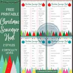 the christmas scavenger hunt printable is shown in three different colors and sizes