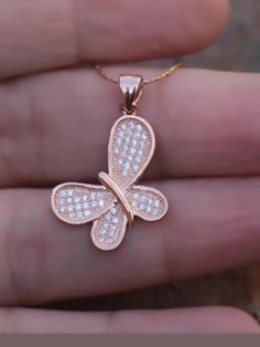 "Beautiful dainty butterfly pendant gliding on a dainty 14K rose gold filled chain. This lovely animal jewelry is set with tiny sparkly brilliant clear zircon stones . Classic elegant occasion necklace that makes the perfect gift for her This lovely necklace makes a beautiful birthday or anniversary gift for her. ♥ DETAILS Necklace: 14K Rose Gold Filled Pendant Length: 1.78\" X 0.67\" inch (=20mm X 17mm) Pendant: Butterfly made of 2 microns thick rose gold cover plating set with tiny clear zirco Sparkly Butterfly, Pendant Butterfly, Gold Butterfly Necklace, Dainty Butterfly, Rose Gold Butterfly, Butterfly Necklace Gold, Detailed Necklace, Beautiful Birthday, Women Necklace