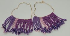 Purple and pink fringe seed bead heart earrings. miyuki delica beads. short fringe,  nickel free ear wires. Purple Beaded Fringe Earrings As Gift, Purple Fringe Beaded Earrings As Gift, Purple Beaded Fringe Earrings For Gift, Purple Fringe Beaded Earrings For Gift, Handmade Purple Heart Dangle Earrings, Handmade Purple Dangle Heart Earrings, Bohemian Pink Earrings With Heart Beads, Pink Dangle Hoop Earrings With Tiny Beads, Adjustable Pink Earrings With Heart Beads