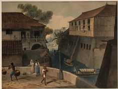 an old painting of people on the side of a river