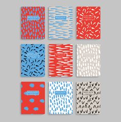 six notebooks with different designs on them, all lined up in red and blue