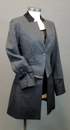 This was two separate jackets that I disassembled and re-designed into one.  It has a very  Polo feel to it.  It is plaid on top with solid gray below.  The neck line lapel is black velvet and has one single button closure. Elegant Plaid Outerwear With Single Button, Sustainable Fashion Ideas, Chic Jacket, Gray Blazer, Grey Blazer, Womens Jackets, Neck Line, Black Velvet, Ideas Style