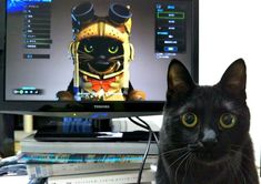 a black cat sitting in front of a computer monitor with an animated character on the screen